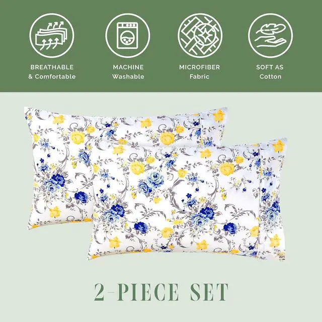 Alt view image 7 of 7 - Ultra Soft Set of 2 Floral Print Pillowcases - 1500 Premium Hotel Quality Microfiber, Soft and Smooth Envelope Closure 2-Piece Pillow Covers - Standard/Queen, Gold Jenna