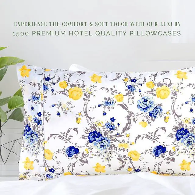 Alt view image 4 of 7 - Ultra Soft Set of 2 Floral Print Pillowcases - 1500 Premium Hotel Quality Microfiber, Soft and Smooth Envelope Closure 2-Piece Pillow Covers - Standard/Queen, Gold Jenna