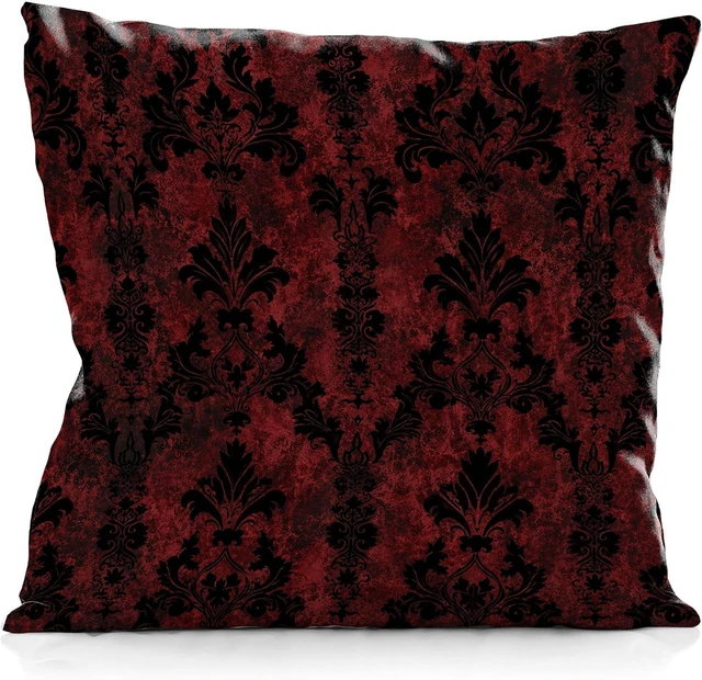 Main image of Dark Red and Black Gothic Damask Floral Throw Pillow Cover 18x18