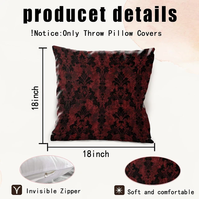 Alt view image 5 of 6 - Dark Red and Black Gothic Damask Floral Throw Pillow Cover 18x18
