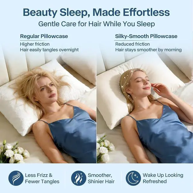 Alt view image 3 of 7 - Luxury Cooling Pillowcases Queen Size 2 Pack, Q-Max>0.4 Cool Touch for Hot Sleepers&Night Sweats Beauty Sleep Anti-Frizz, Softer Than Silk Pillowcover Oeko-TEX Certified Champagne