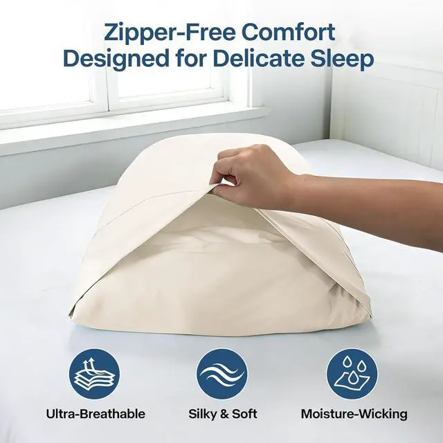 Alt view image 6 of 7 - Luxury Cooling Pillowcases Queen Size 2 Pack, Q-Max>0.4 Cool Touch for Hot Sleepers&Night Sweats Beauty Sleep Anti-Frizz, Softer Than Silk Pillowcover Oeko-TEX Certified Champagne