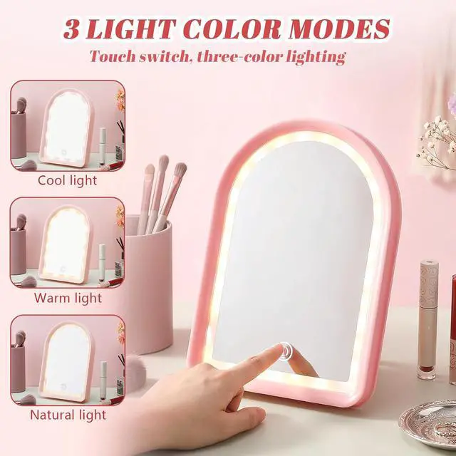 Alt view image 4 of 6 - 3 Pcs Pink Desk Vanity Mirror Set LED Makeup Mirror with Lights 2 Hairbrushes Lighted Rechargeable Desk Mirrors Smart Touch Control Dimmable 3 Modes Light for Women Gift Travel Bedroom Bathroom