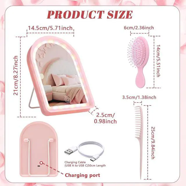 Alt view image 2 of 6 - 3 Pcs Pink Desk Vanity Mirror Set LED Makeup Mirror with Lights 2 Hairbrushes Lighted Rechargeable Desk Mirrors Smart Touch Control Dimmable 3 Modes Light for Women Gift Travel Bedroom Bathroom