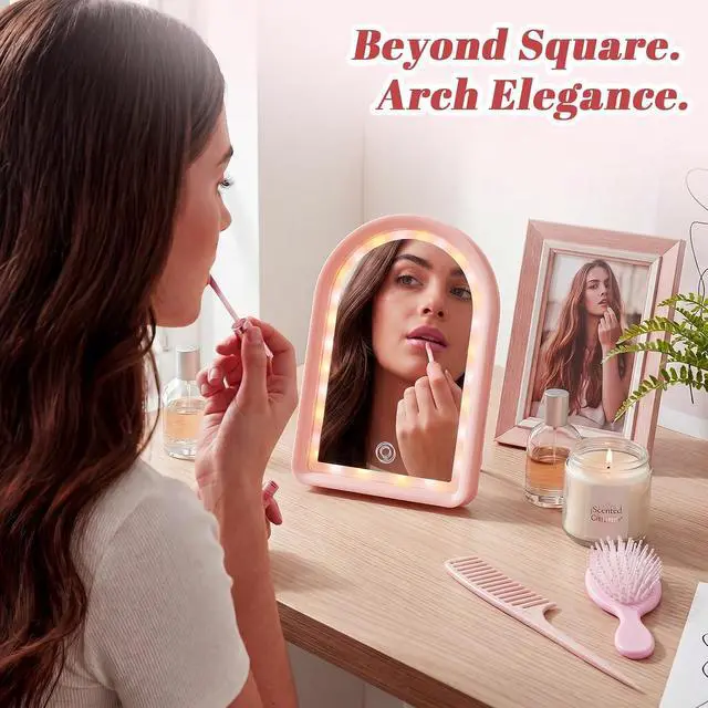 Alt view image 5 of 6 - 3 Pcs Pink Desk Vanity Mirror Set LED Makeup Mirror with Lights 2 Hairbrushes Lighted Rechargeable Desk Mirrors Smart Touch Control Dimmable 3 Modes Light for Women Gift Travel Bedroom Bathroom