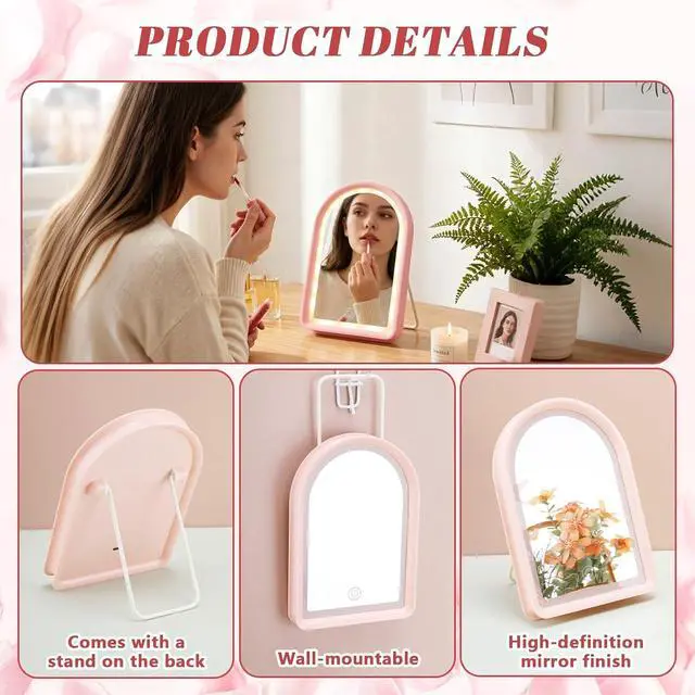 Alt view image 3 of 6 - 3 Pcs Pink Desk Vanity Mirror Set LED Makeup Mirror with Lights 2 Hairbrushes Lighted Rechargeable Desk Mirrors Smart Touch Control Dimmable 3 Modes Light for Women Gift Travel Bedroom Bathroom