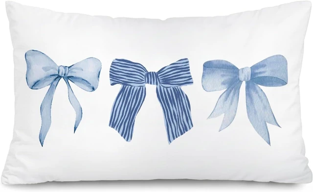 Main image of Blue Coquette Bow 12x20 Pillow Cover, Preppy Room Decor