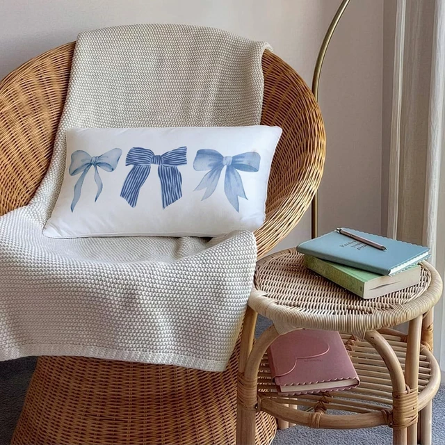 Alt view image 4 of 7 - Blue Coquette Bow 12x20 Pillow Cover, Preppy Room Decor