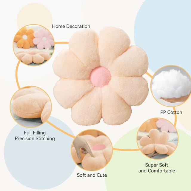 Alt view image 3 of 7 - Beige Daisy Flower Pillow, Plush Throw Cushion, 17.7 Inch