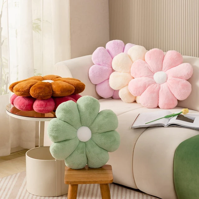 Alt view image 5 of 7 - Beige Daisy Flower Pillow, Plush Throw Cushion, 17.7 Inch