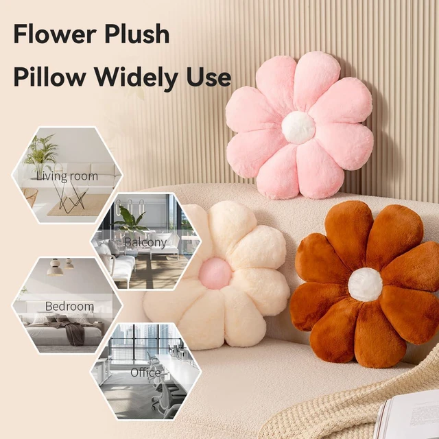 Alt view image 7 of 7 - Beige Daisy Flower Pillow, Plush Throw Cushion, 17.7 Inch