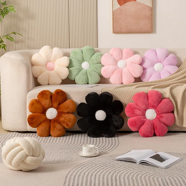 Alt view image 6 of 7 - Beige Daisy Flower Pillow, Plush Throw Cushion, 17.7 Inch