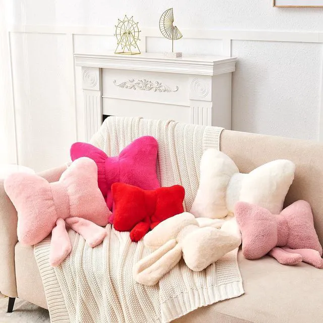 Alt view image 3 of 7 - Pink Bow Pillow,12'' Bow Shaped Pillow with Faux Rabbit Fur,Soft Bow Throw Pillows Aesthetic Bow Decorative Pillows for Bed Sofa Couch Home Decor