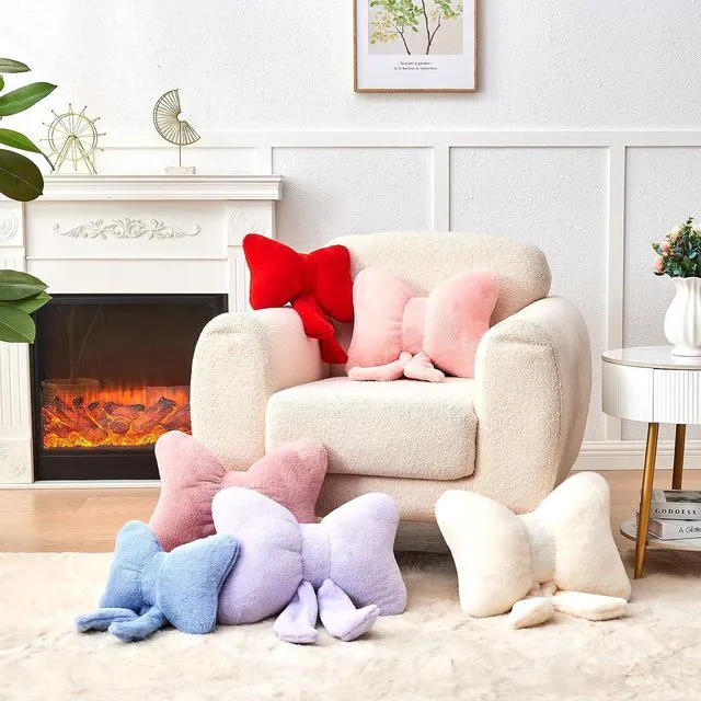 Alt view image 4 of 7 - Pink Bow Pillow,12'' Bow Shaped Pillow with Faux Rabbit Fur,Soft Bow Throw Pillows Aesthetic Bow Decorative Pillows for Bed Sofa Couch Home Decor