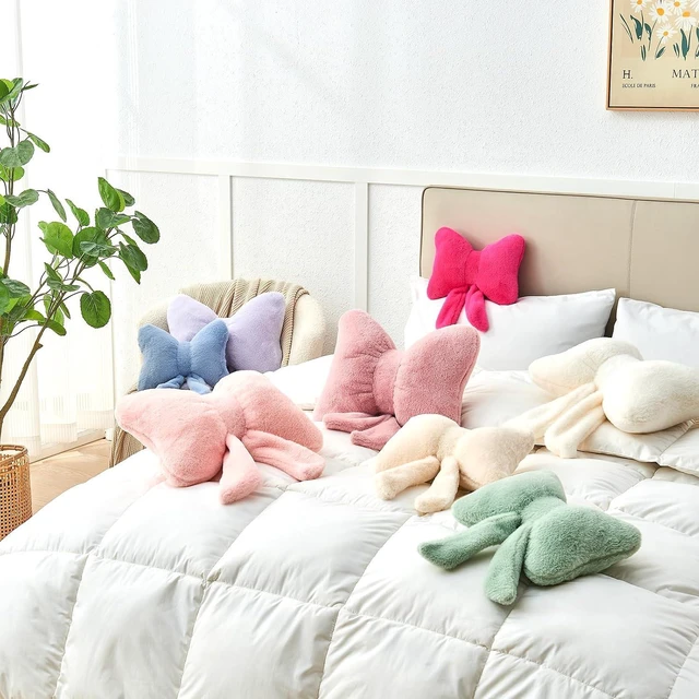Alt view image 6 of 7 - Pink Bow Pillow,12'' Bow Shaped Pillow with Faux Rabbit Fur,Soft Bow Throw Pillows Aesthetic Bow Decorative Pillows for Bed Sofa Couch Home Decor