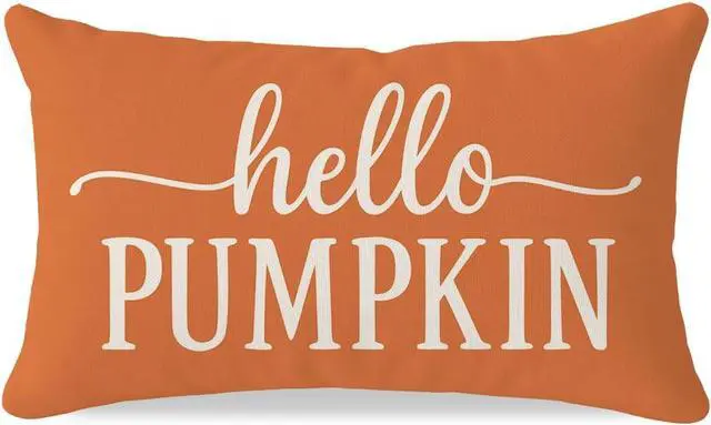 Main image of Fall Throw Pillow Covers 12x20, Hello Pumpkin Decor, Orange