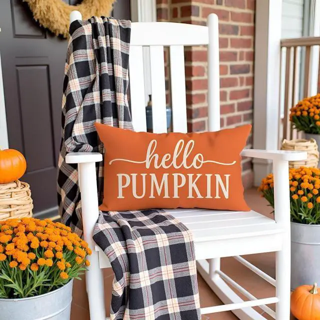 Alt view image 2 of 7 - Fall Throw Pillow Covers 12x20, Hello Pumpkin Decor, Orange