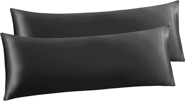 Main image of Satin Body Pillow Cover Set of 2, 20x54 Inches Black Ultra Soft Case for Hair and Skin, Silky Slip Cooling Long Side Pillowcase With Envelope Closure