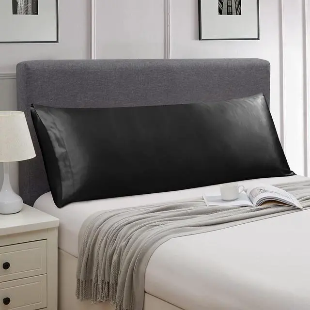 Alt view image 2 of 7 - Satin Body Pillow Cover Set of 2, 20x54 Inches Black Ultra Soft Case for Hair and Skin, Silky Slip Cooling Long Side Pillowcase With Envelope Closure
