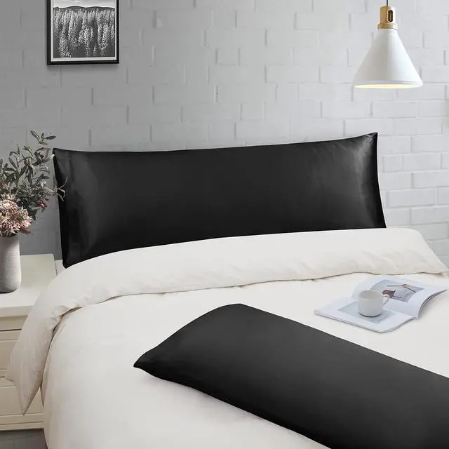 Alt view image 3 of 7 - Satin Body Pillow Cover Set of 2, 20x54 Inches Black Ultra Soft Case for Hair and Skin, Silky Slip Cooling Long Side Pillowcase With Envelope Closure
