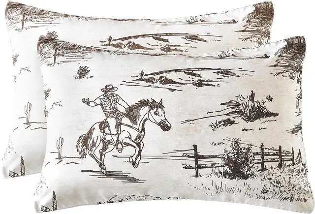 Main image of Western Pillow Cases, Rustic Ranch Life with Cowboy Southwestern Vintage Country Pattern Printed, Set of 2 Soft Pillowcases Pillow Shams Covers, Beige Brown, Standard Size 20x26 Inches