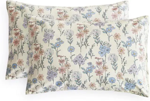 Main image of Floral Pillow Cases, Cute Colorful Flower Shabby Chic Coquette Cottagecore Botanical Flower, Set of 2 Soft Pillowcases Pillow Shams Covers, Ivory Blue, Standard Size 20x26 Inches