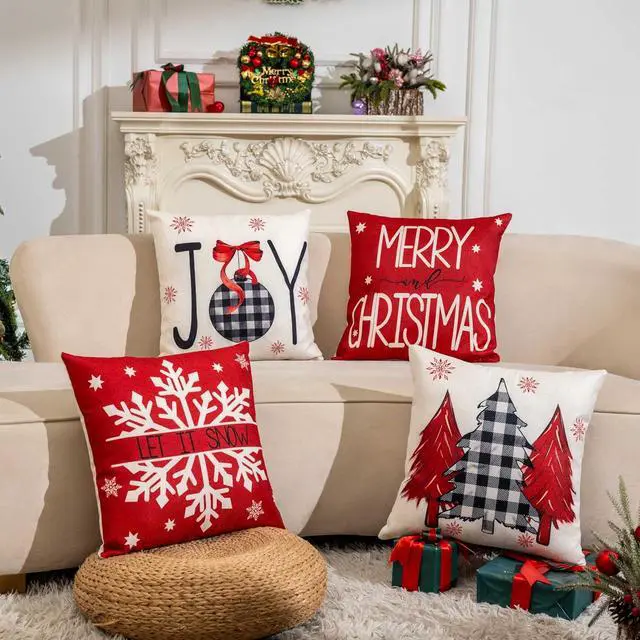 Alt view image 5 of 6 - Red Christmas Decorations-Throw Pillow Covers 18x18 in Set of 4,Decorative Joy Snowflake Pillow Case for Couch Sofa Winter Holiday Indoor Outdoor Home Red White Xams Decorations