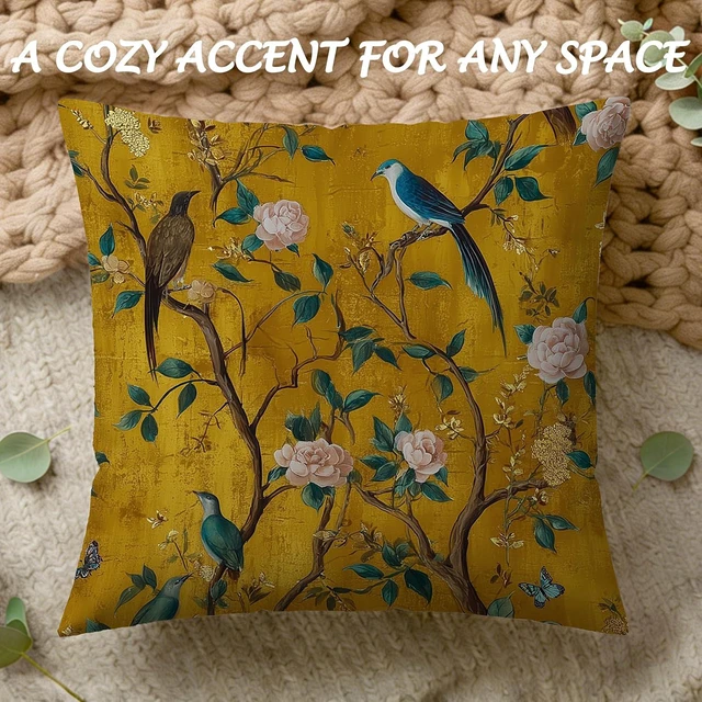 Alt view image 2 of 6 - Gold Chinoiserie Vintage Floral Bird Pillow Cover 18x18 Double-Sided, Traditional Luxury Botanical Flower Decorative Throw Pillow Cover Pillowcases for Living Room Home Bedroom
