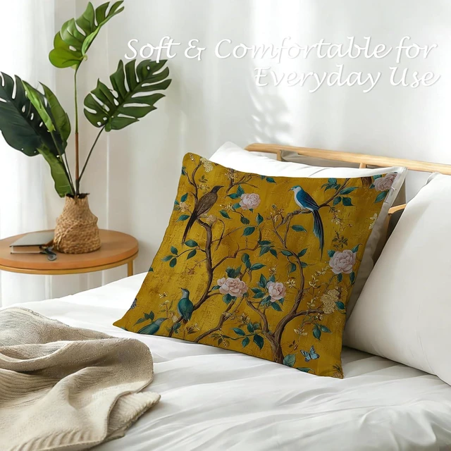 Alt view image 5 of 6 - Gold Chinoiserie Vintage Floral Bird Pillow Cover 18x18 Double-Sided, Traditional Luxury Botanical Flower Decorative Throw Pillow Cover Pillowcases for Living Room Home Bedroom