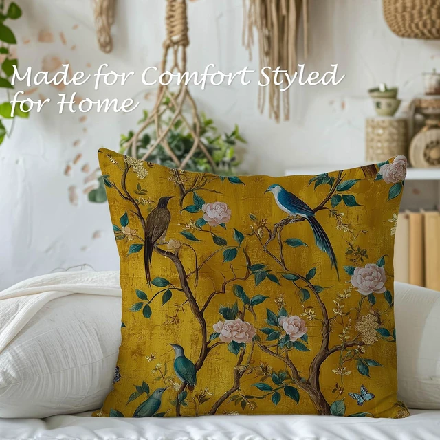Alt view image 4 of 6 - Gold Chinoiserie Vintage Floral Bird Pillow Cover 18x18 Double-Sided, Traditional Luxury Botanical Flower Decorative Throw Pillow Cover Pillowcases for Living Room Home Bedroom