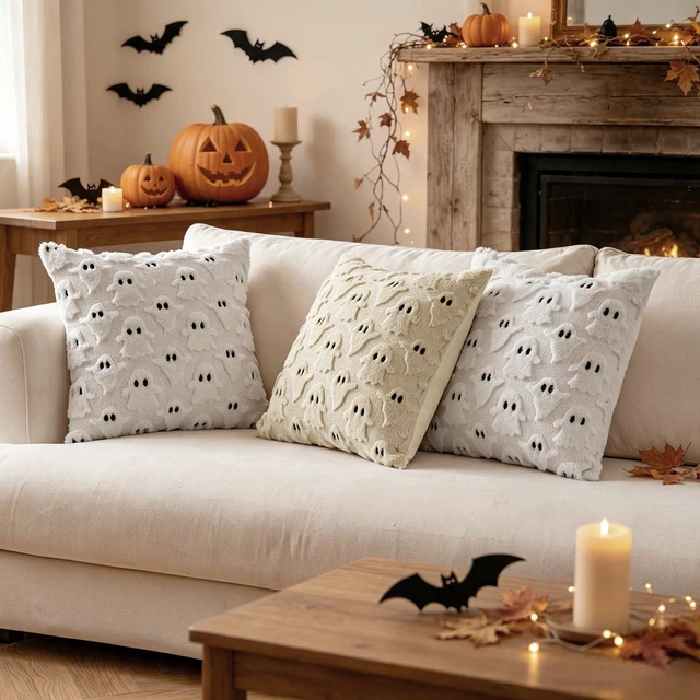 Alt view image 5 of 6 - Cute Ghost Halloween Throw Pillow Covers 18x18 Set of 2, White