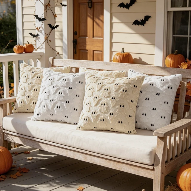 Alt view image 6 of 6 - Cute Ghost Halloween Throw Pillow Covers 18x18 Set of 2, White