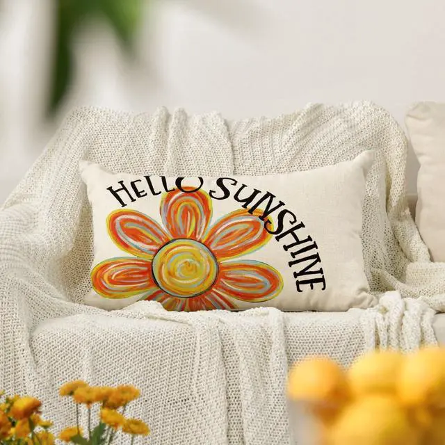 Alt view image 2 of 7 - Hello Sunshine Floral Throw Pillow Cover, 12 x 20 Inch Cushion Case Decoration for Sofa Couch Holiday Seasonal Home Decor
