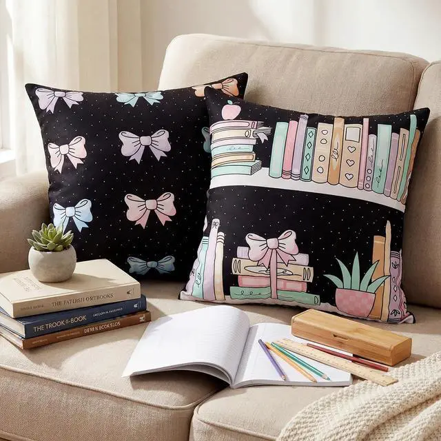 Main image of 2 Pcs Bookshelf Throw Pillow Covers 18'' x 18'' Pastel Bow Classroom Decor Back to School Pillow Cases Bow Pillowcases for Couch Bedroom Living Room