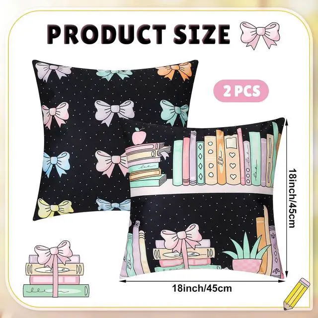 Alt view image 2 of 6 - 2 Pcs Bookshelf Throw Pillow Covers 18'' x 18'' Pastel Bow Classroom Decor Back to School Pillow Cases Bow Pillowcases for Couch Bedroom Living Room