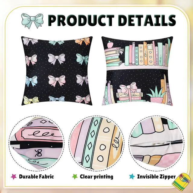 Alt view image 3 of 6 - 2 Pcs Bookshelf Throw Pillow Covers 18'' x 18'' Pastel Bow Classroom Decor Back to School Pillow Cases Bow Pillowcases for Couch Bedroom Living Room