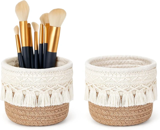 Main image of Macrame Makeup Brush Holder, Boho Mini Storage Basket Set of 2