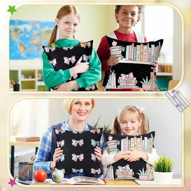 Alt view image 6 of 6 - 2 Pcs Bookshelf Throw Pillow Covers 18'' x 18'' Pastel Bow Classroom Decor Back to School Pillow Cases Bow Pillowcases for Couch Bedroom Living Room