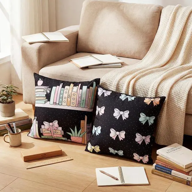 Alt view image 4 of 6 - 2 Pcs Bookshelf Throw Pillow Covers 18'' x 18'' Pastel Bow Classroom Decor Back to School Pillow Cases Bow Pillowcases for Couch Bedroom Living Room