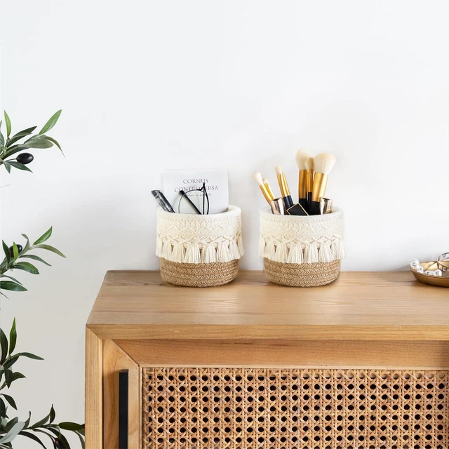 Alt view image 2 of 6 - Macrame Makeup Brush Holder, Boho Mini Storage Basket Set of 2