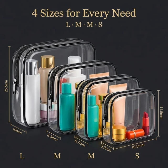Alt view image 4 of 7 - Clear Makeup Bag 4 Pack, TSA Approved Toiletry Bag for Women, Waterproof PVC Cosmetic Pouch Travel Organizer, Clear Bags for Diaper Bag Organizer Purse, Portable Zipper Pouch Set (L+M+M+S)