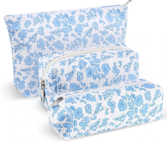 Main image of 3 Pcs Makeup Bag Corduroy Cosmetic Pouch Travel, Blue, Floral