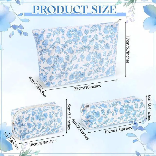 Alt view image 3 of 7 - 3 Pcs Makeup Bag Corduroy Cosmetic Pouch Travel, Blue, Floral