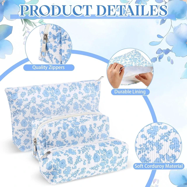 Alt view image 4 of 7 - 3 Pcs Makeup Bag Corduroy Cosmetic Pouch Travel, Blue, Floral