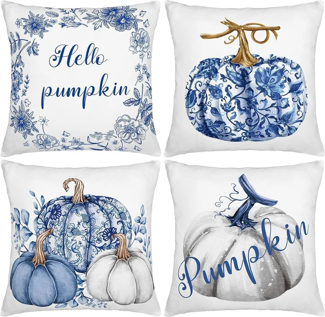 Main image of Chinoiserie Thanksgiving Pumpkin Pillow Covers Set of 4 Blue and White Decorative Throw Pillows Covers 18x18'' Autumn Decor Hello Pumpkin Fall Couch Cases for Sofa Chair