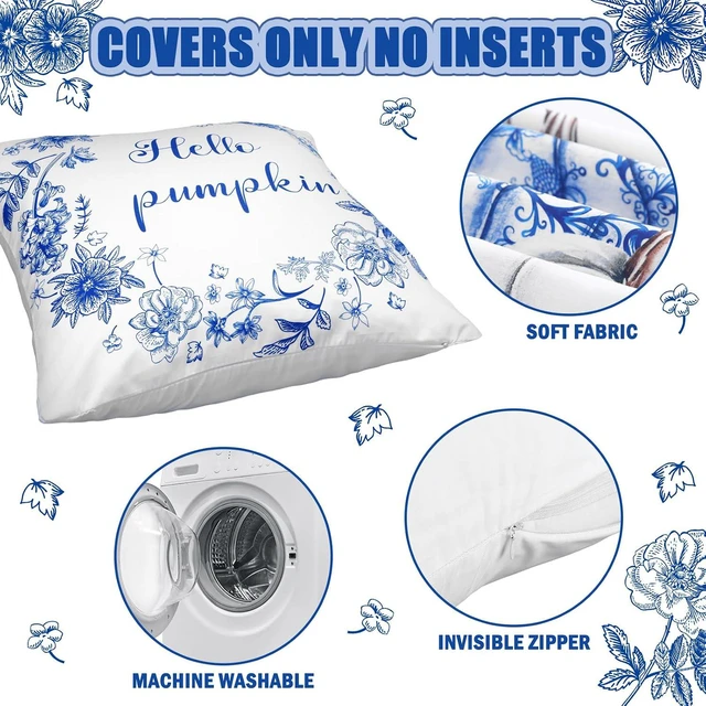 Alt view image 2 of 6 - Chinoiserie Thanksgiving Pumpkin Pillow Covers Set of 4 Blue and White Decorative Throw Pillows Covers 18x18'' Autumn Decor Hello Pumpkin Fall Couch Cases for Sofa Chair
