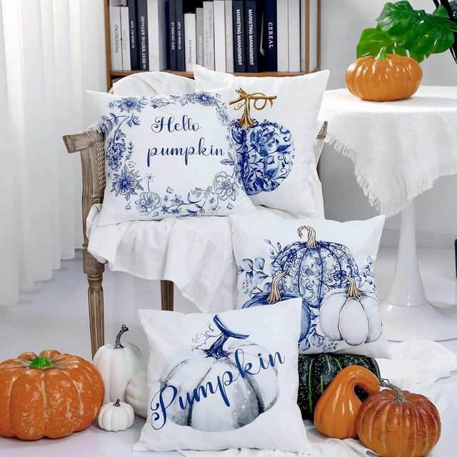 Alt view image 4 of 6 - Chinoiserie Thanksgiving Pumpkin Pillow Covers Set of 4 Blue and White Decorative Throw Pillows Covers 18x18'' Autumn Decor Hello Pumpkin Fall Couch Cases for Sofa Chair