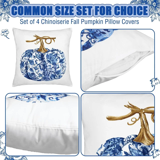 Alt view image 3 of 6 - Chinoiserie Thanksgiving Pumpkin Pillow Covers Set of 4 Blue and White Decorative Throw Pillows Covers 18x18'' Autumn Decor Hello Pumpkin Fall Couch Cases for Sofa Chair