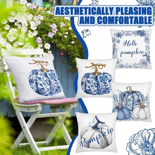 Alt view image 5 of 6 - Chinoiserie Thanksgiving Pumpkin Pillow Covers Set of 4 Blue and White Decorative Throw Pillows Covers 18x18'' Autumn Decor Hello Pumpkin Fall Couch Cases for Sofa Chair