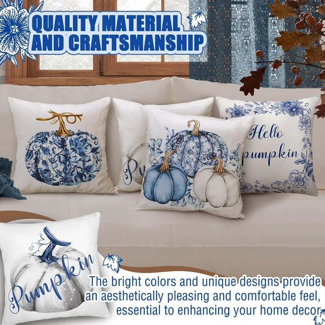 Alt view image 6 of 6 - Chinoiserie Thanksgiving Pumpkin Pillow Covers Set of 4 Blue and White Decorative Throw Pillows Covers 18x18'' Autumn Decor Hello Pumpkin Fall Couch Cases for Sofa Chair
